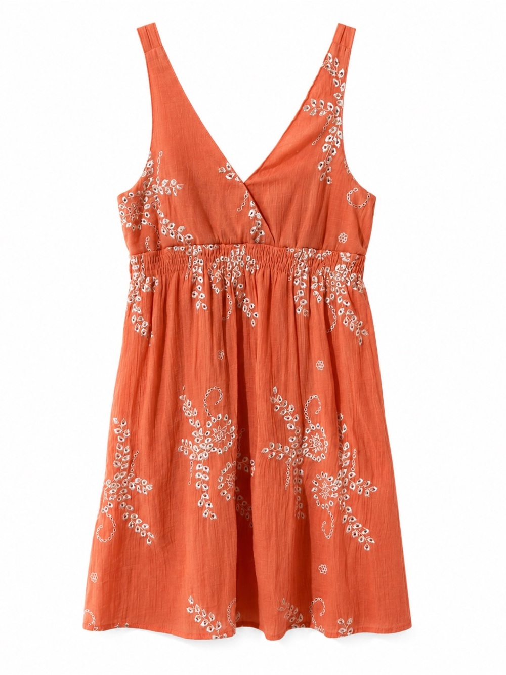 SES peach dress white embroidery sleeveless V-neck empire waist flowy fit